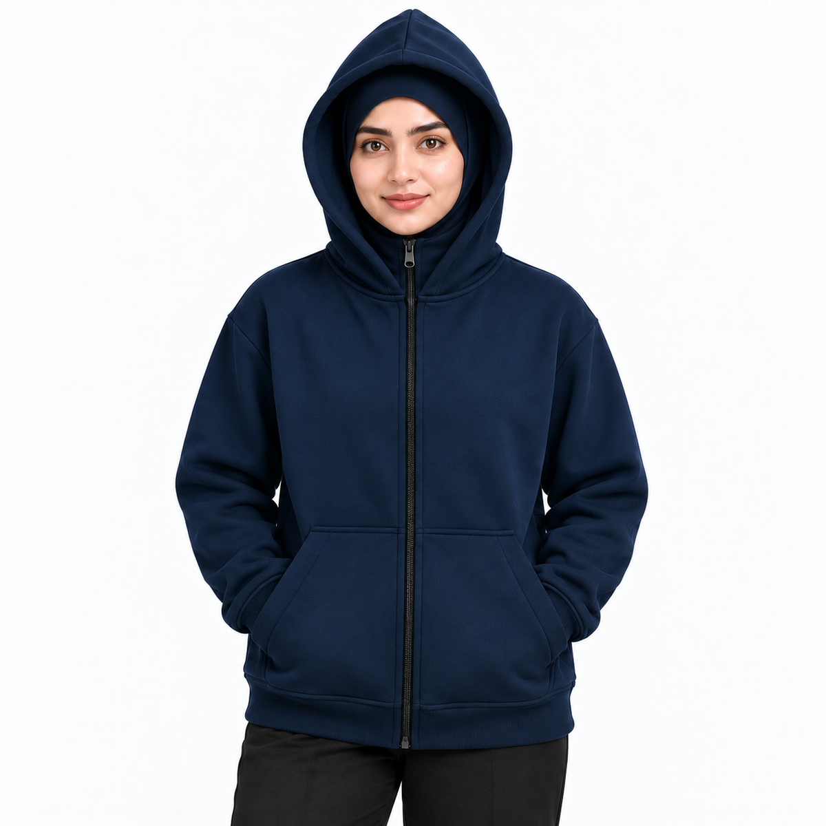 Women's Navy High-Zip Fleece Balaclava Hoodie on a female model, face zip lowered