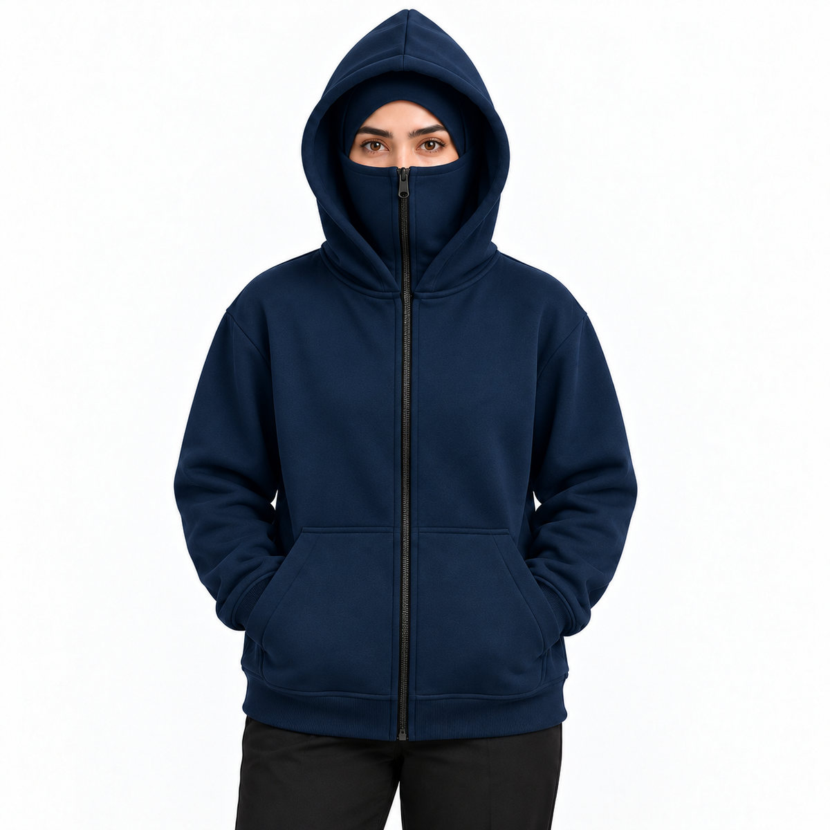 Women's Navy High-Zip Fleece Balaclava Hoodie on a female model, face zip raised