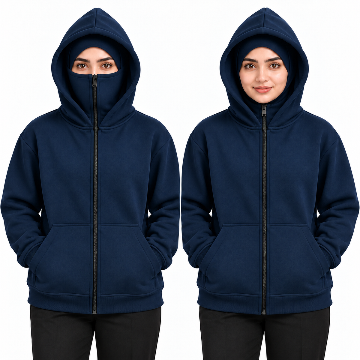 Women's Navy High-Zip Fleece Balaclava Hoodie shown with face zip raised and lowered