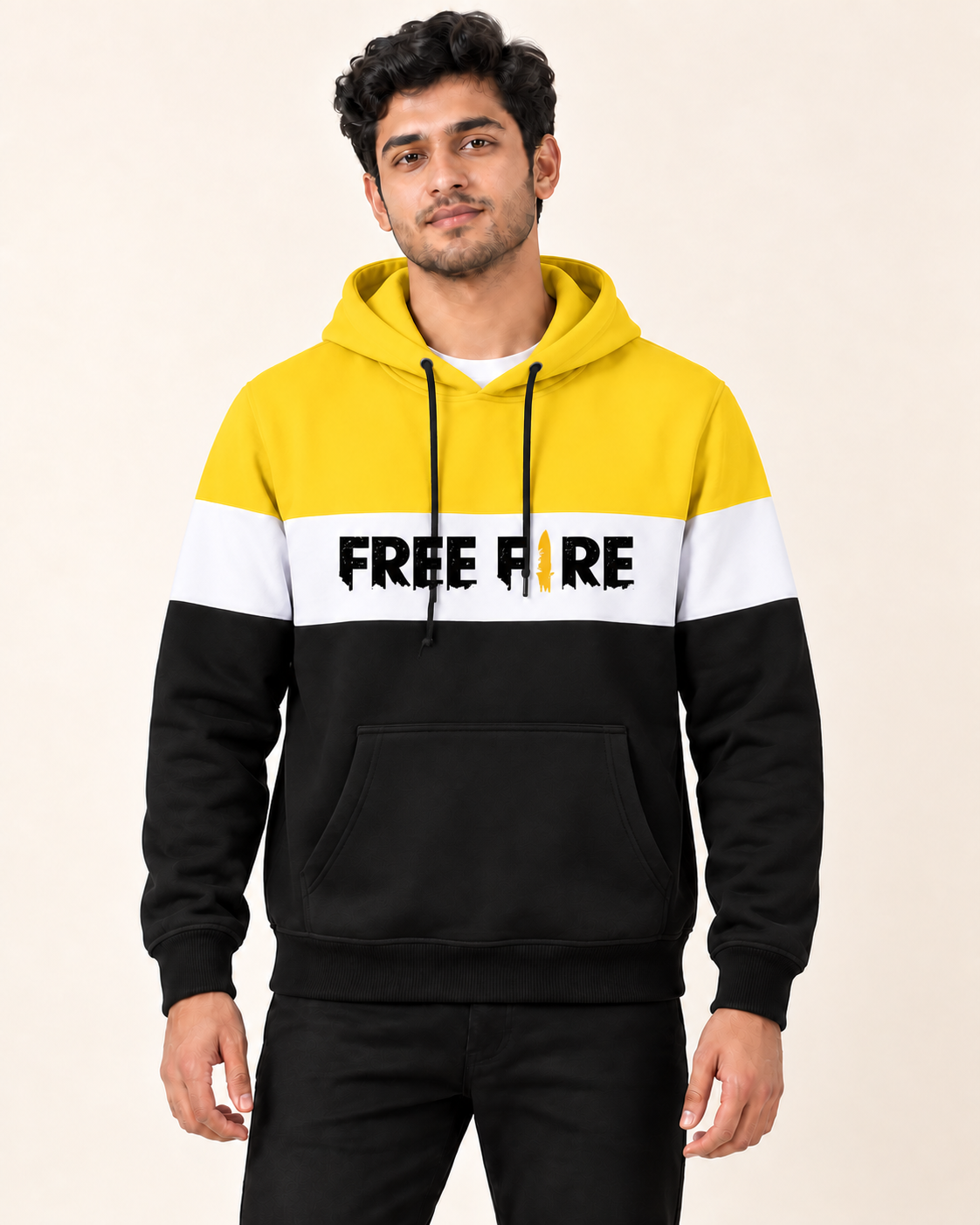 Model wearing Yellow White Black Free Fire Fleece Hoodie