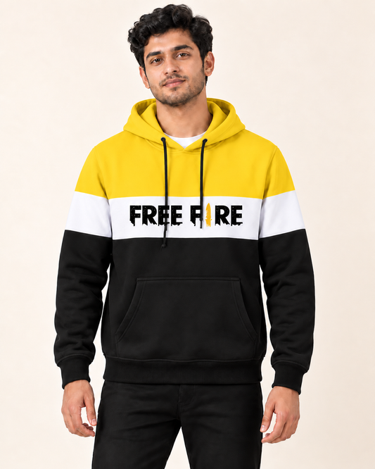 Model wearing Yellow White Black Free Fire Fleece Hoodie