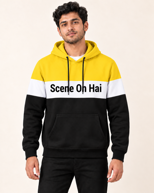 Model wearing Yellow White Black Scene On Hai Fleece Hoodie