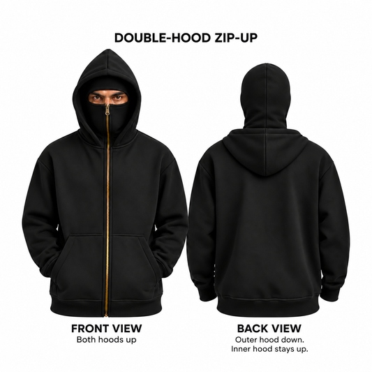 Black Plain High-Zip Fleece balaclava Hoodie