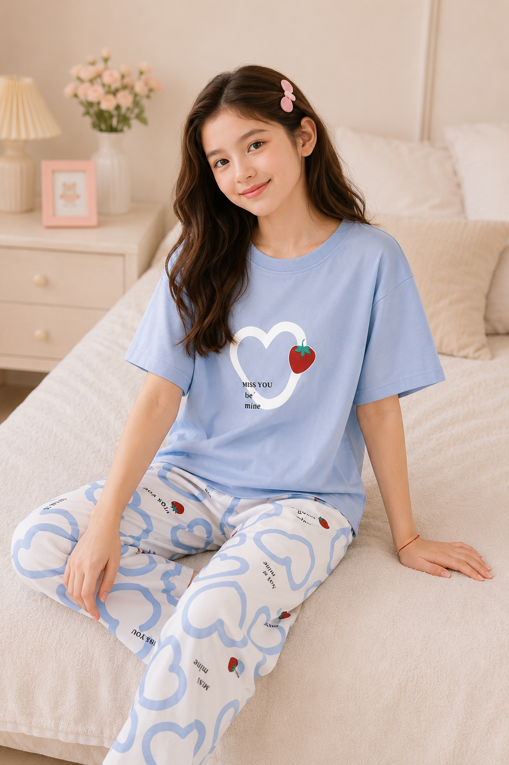 Stwaberry Heart Printed Night suit for girls