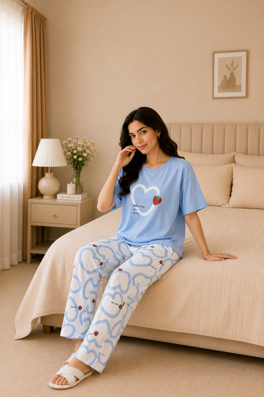 Strawberry Heart Style Printed Night Suit