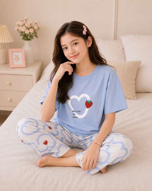 Stwaberry Heart Printed Night suit for girls