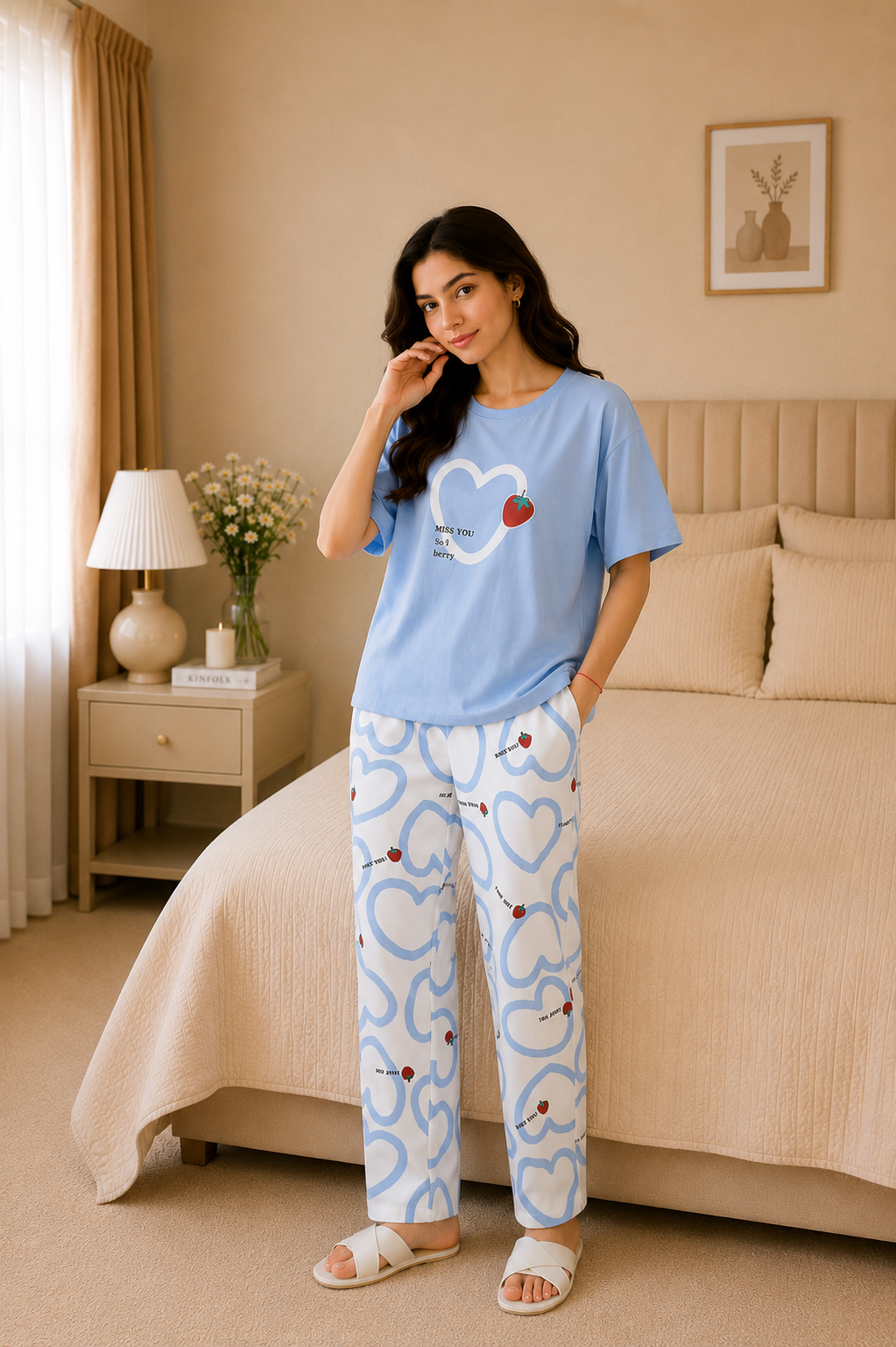 Strawberry Heart Style Printed Night Suit