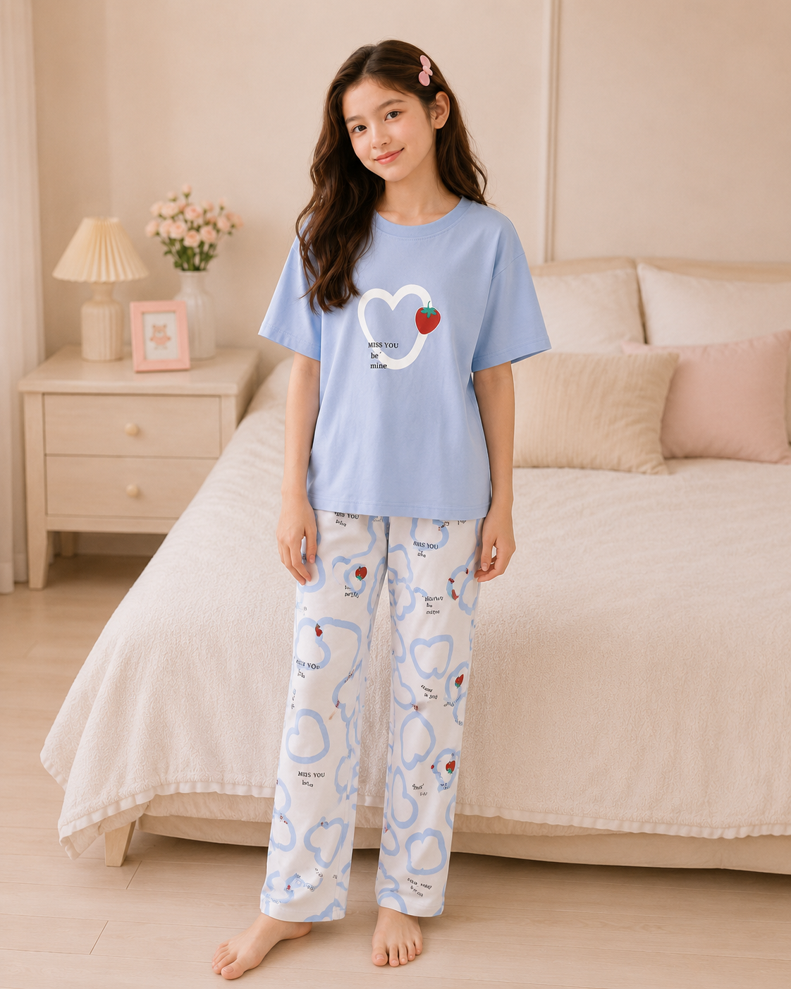 Stwaberry Heart Printed Night suit for girls