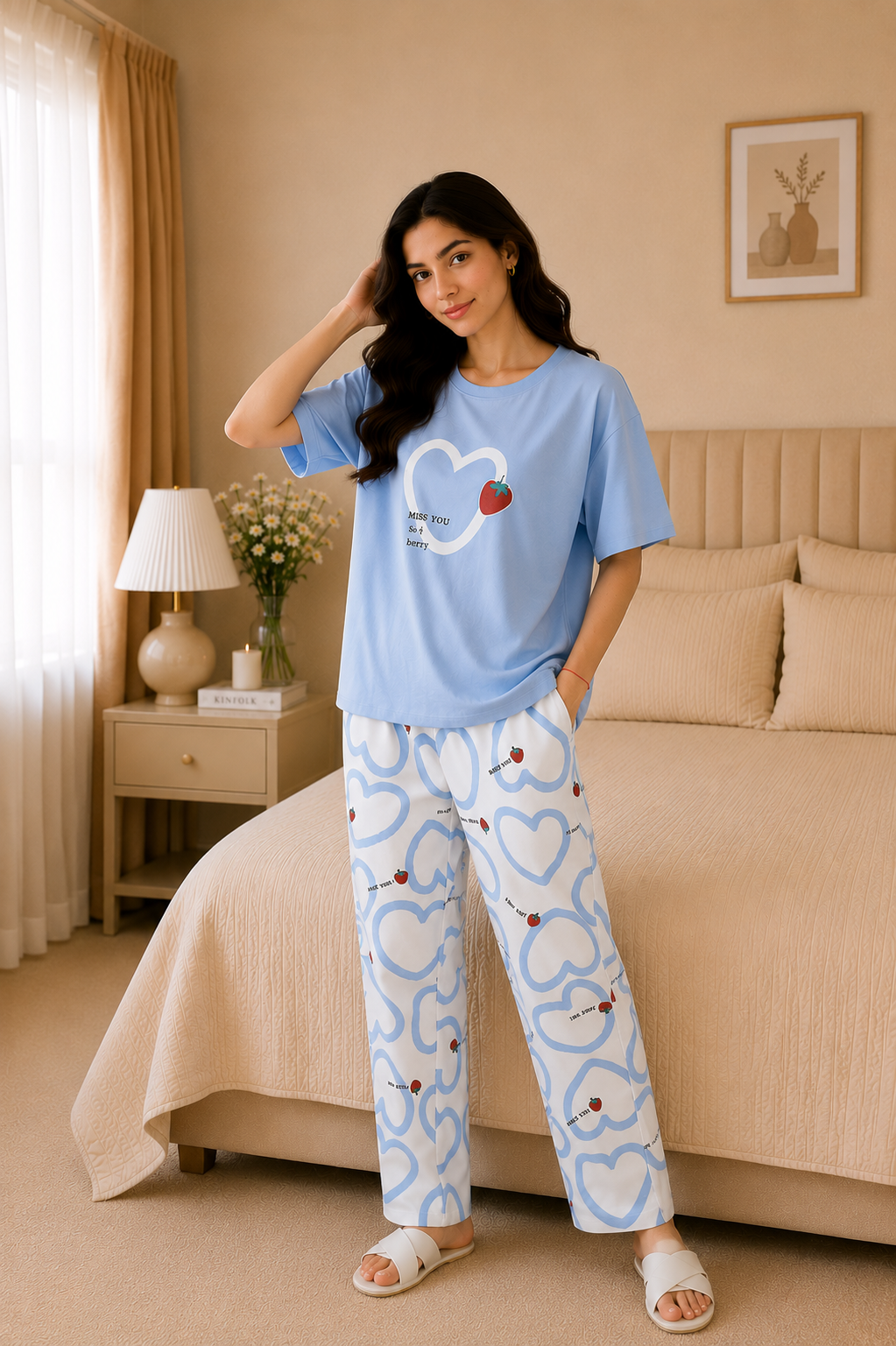 Strawberry Heart Style Printed Night Suit