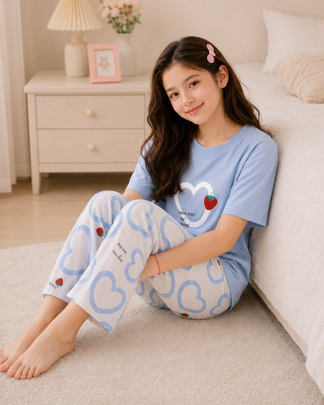Stwaberry Heart Printed Night suit for girls