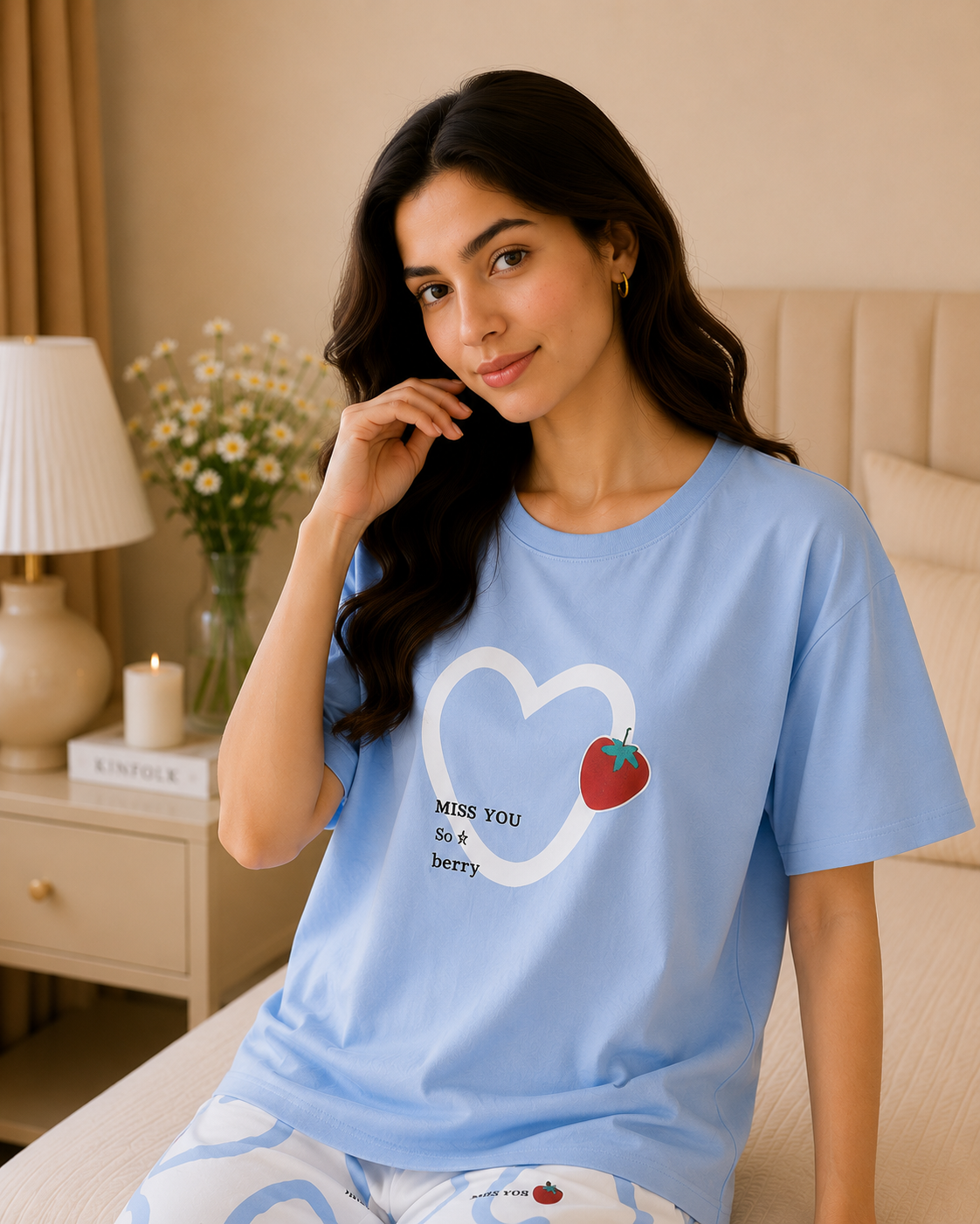 Strawberry Heart Style Printed Night Suit
