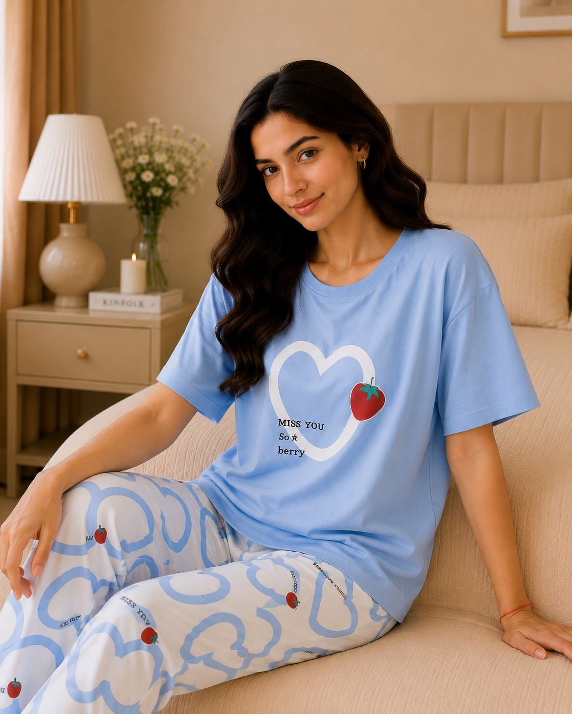 Strawberry Heart Style Printed Night Suit