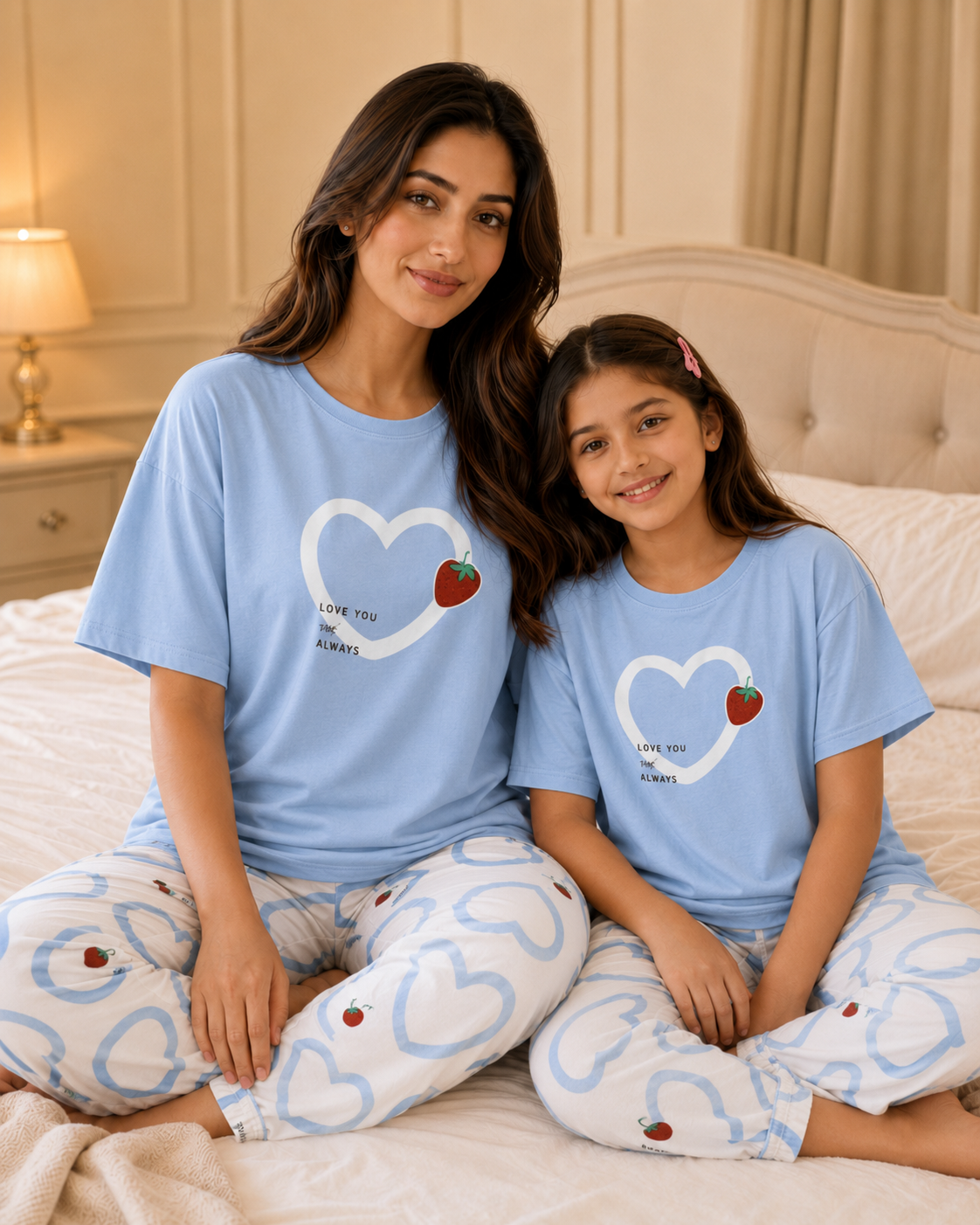 Mom & Daughter Matching Cotton Night Suit – Strawberry Heart