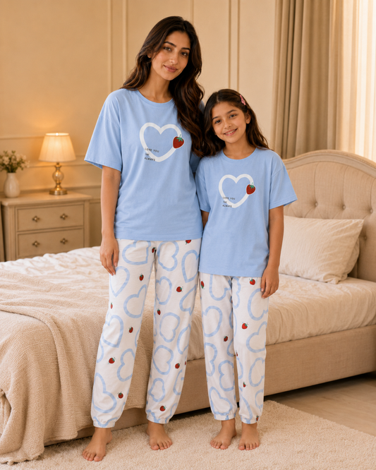 Mom & Daughter Matching Cotton Night Suit – Strawberry Heart