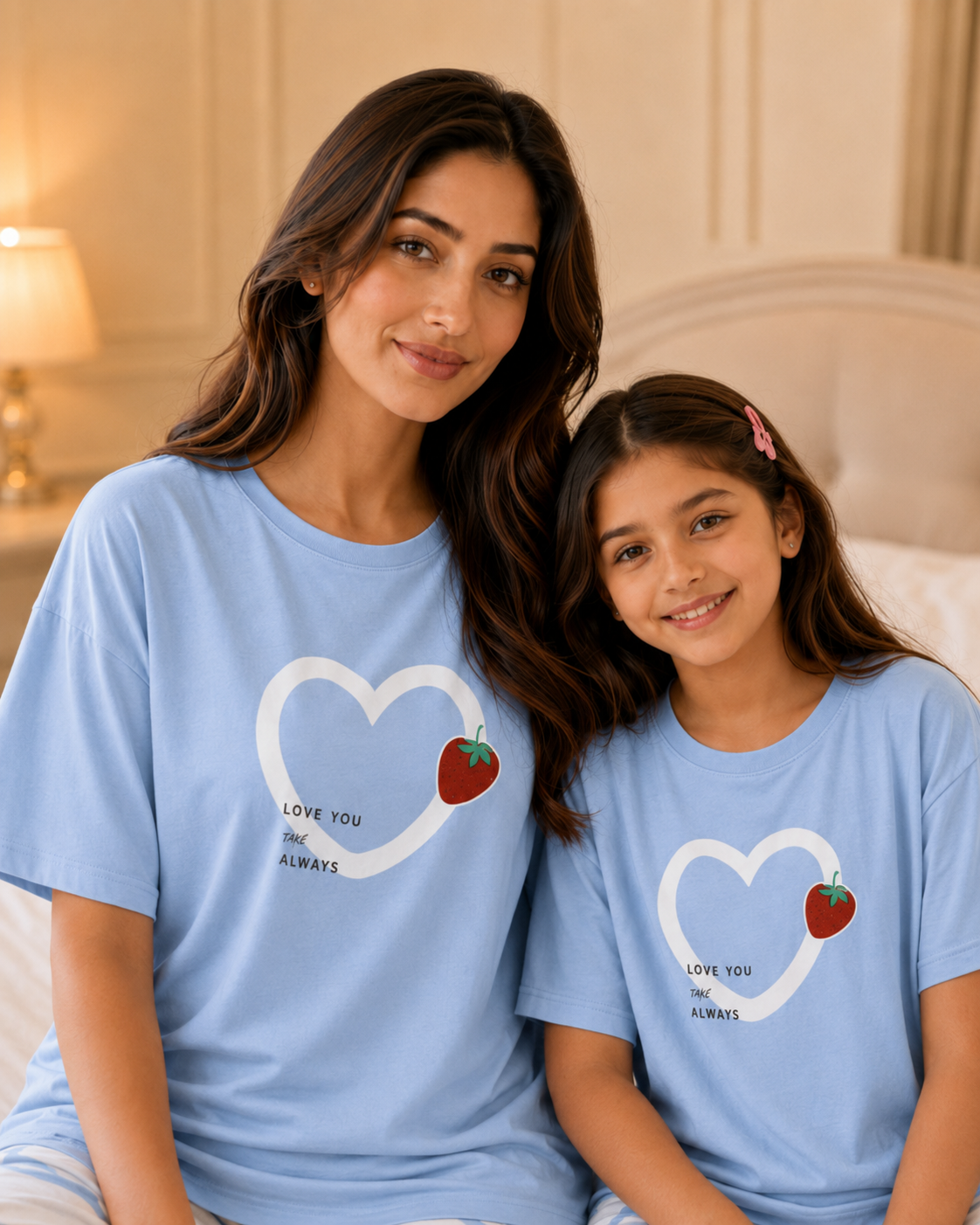 Mom & Daughter Matching Cotton Night Suit – Strawberry Heart