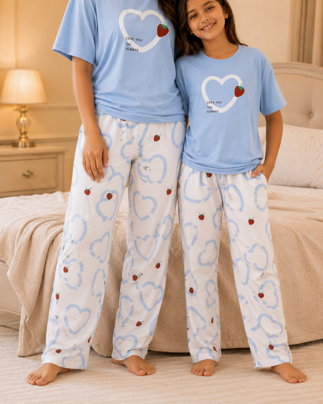 Mom & Daughter Matching Cotton Night Suit – Strawberry Heart