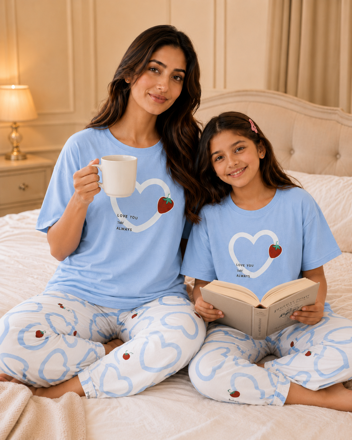 Mom & Daughter Matching Cotton Night Suit – Strawberry Heart