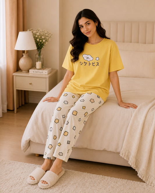 Yellow China Printed Night Suit