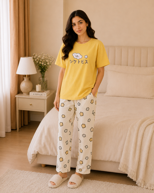 Yellow China Printed Night Suit
