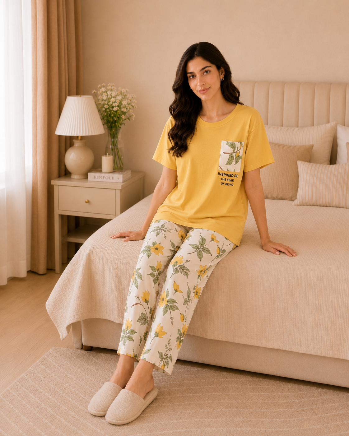 Yellow leaf with pocket Printed Night Suit