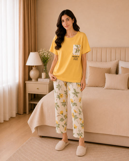 Yellow leaf with pocket Printed Night Suit