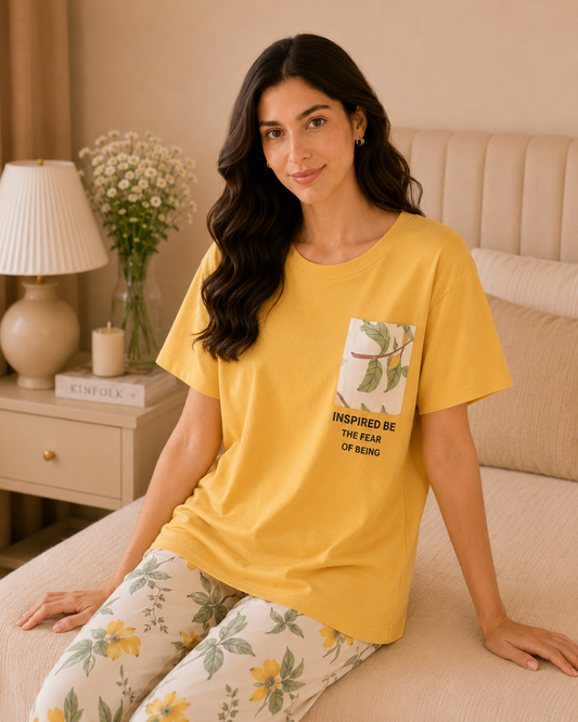 Yellow leaf with pocket Printed Night Suit