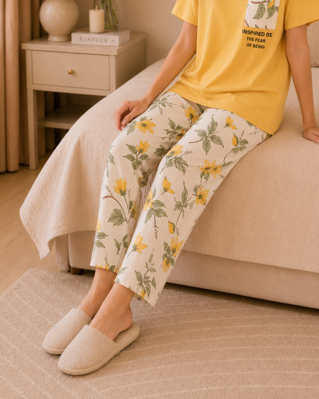 Yellow leaf with pocket Printed Night Suit