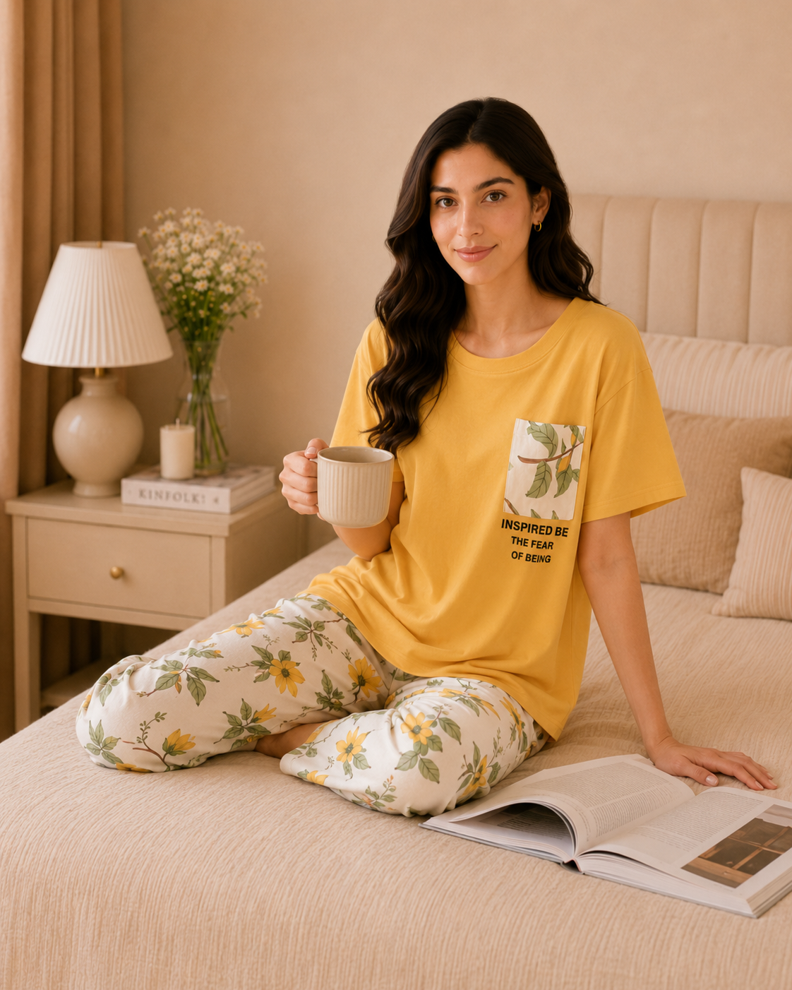 Yellow leaf with pocket Printed Night Suit