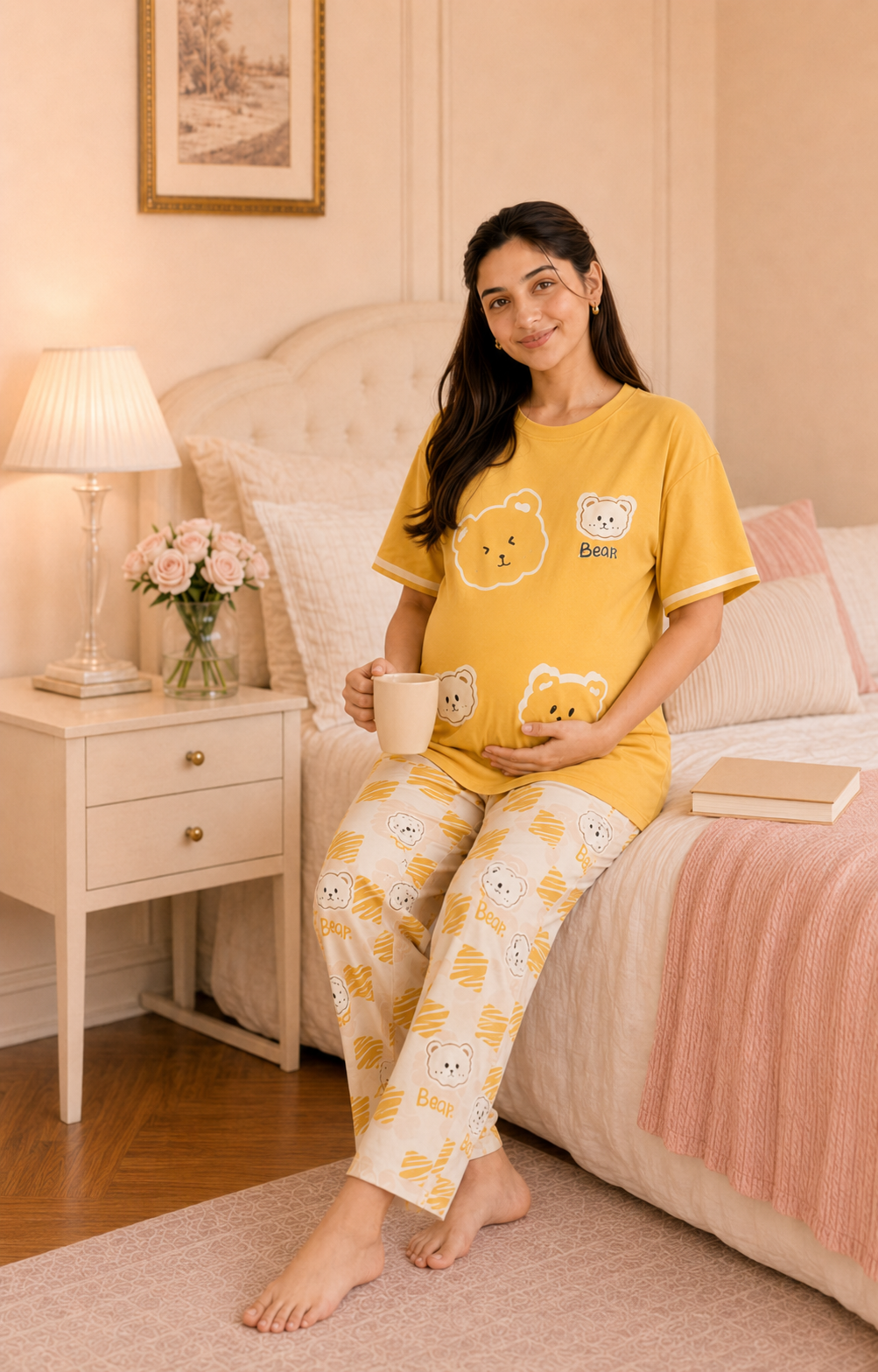 Yellow Panda Maternity Cotton Night Suit