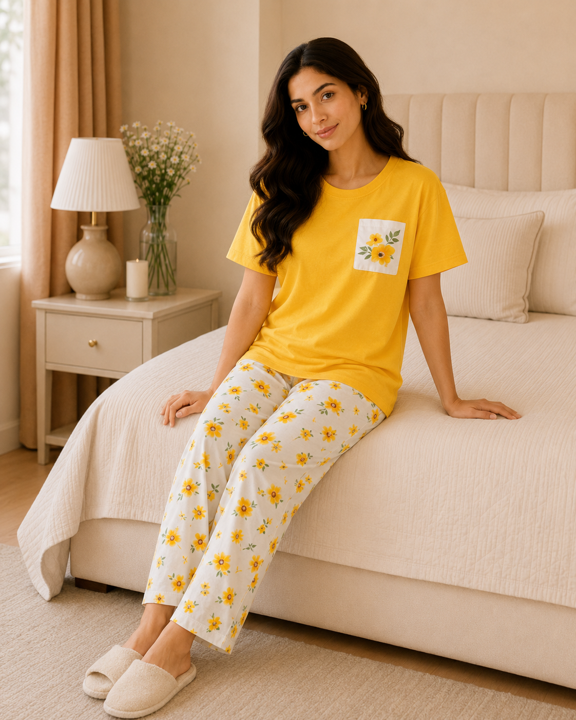 Yellow pocket Style Printed Night Suit