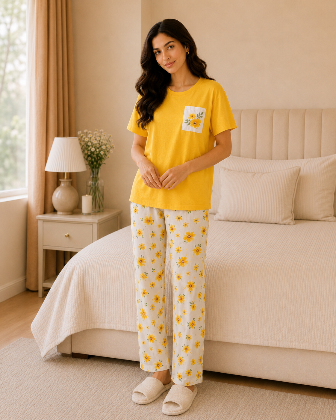 Yellow pocket Style Printed Night Suit