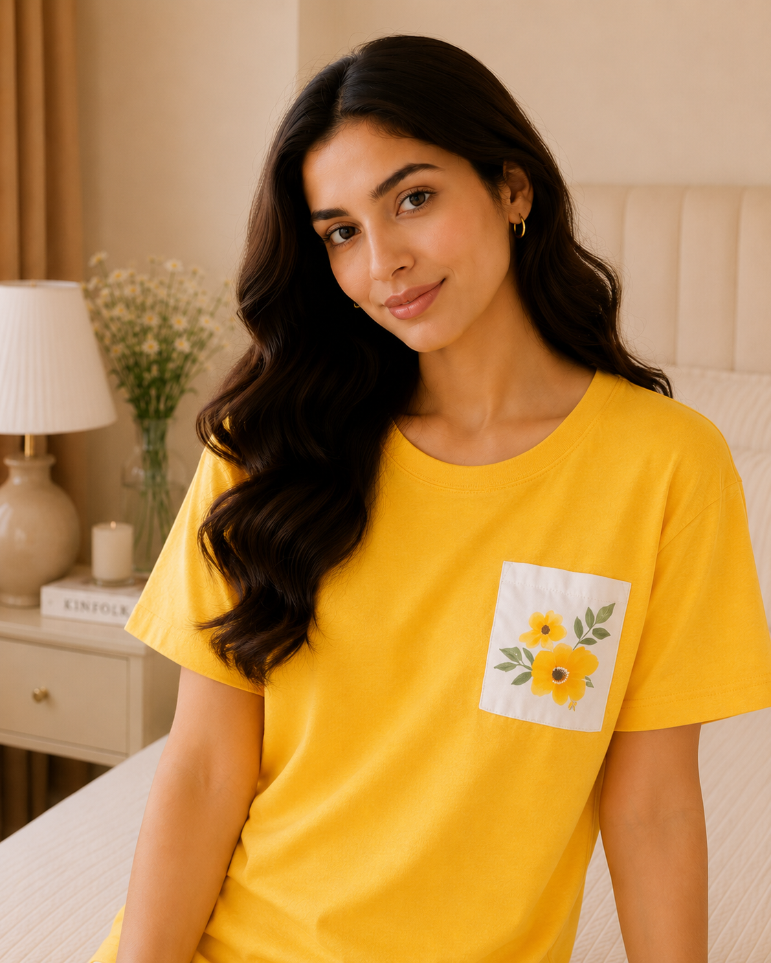 Yellow pocket Style Printed Night Suit