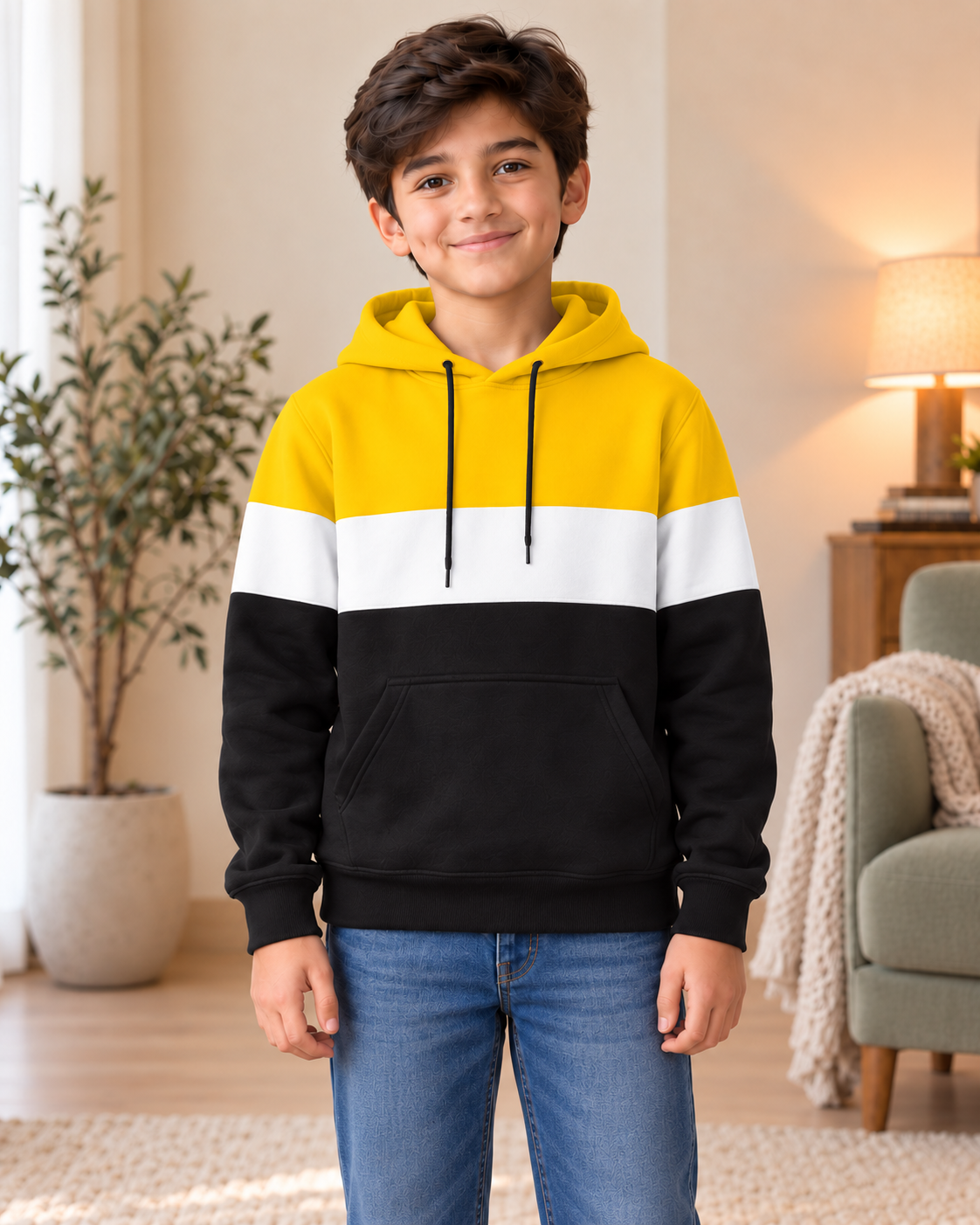 Kids Yellow, White & Black Color-Block Hoodie, front