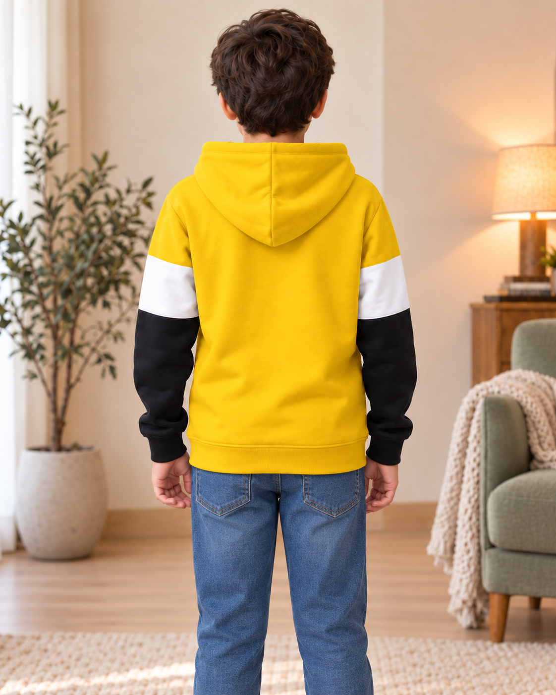Kids Yellow, White & Black Color-Block Hoodie, back