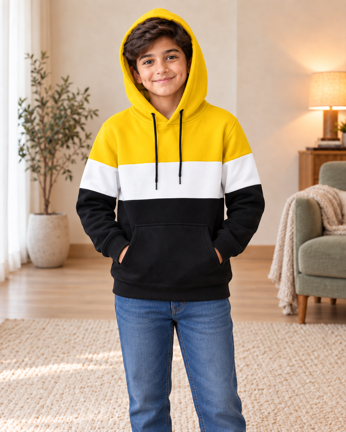 Kids Yellow, White & Black Color-Block Hoodie, hood-up