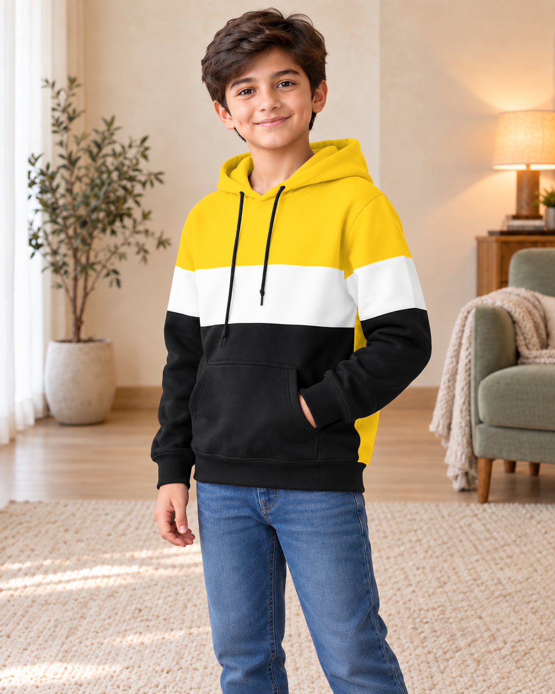 Kids Yellow, White & Black Color-Block Hoodie, three-quarter