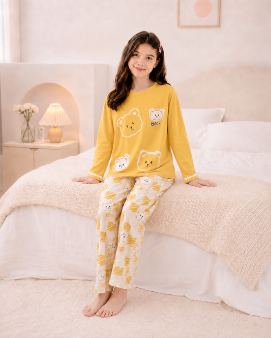 Yellow panda Full Sleeve Night Suit for Girls