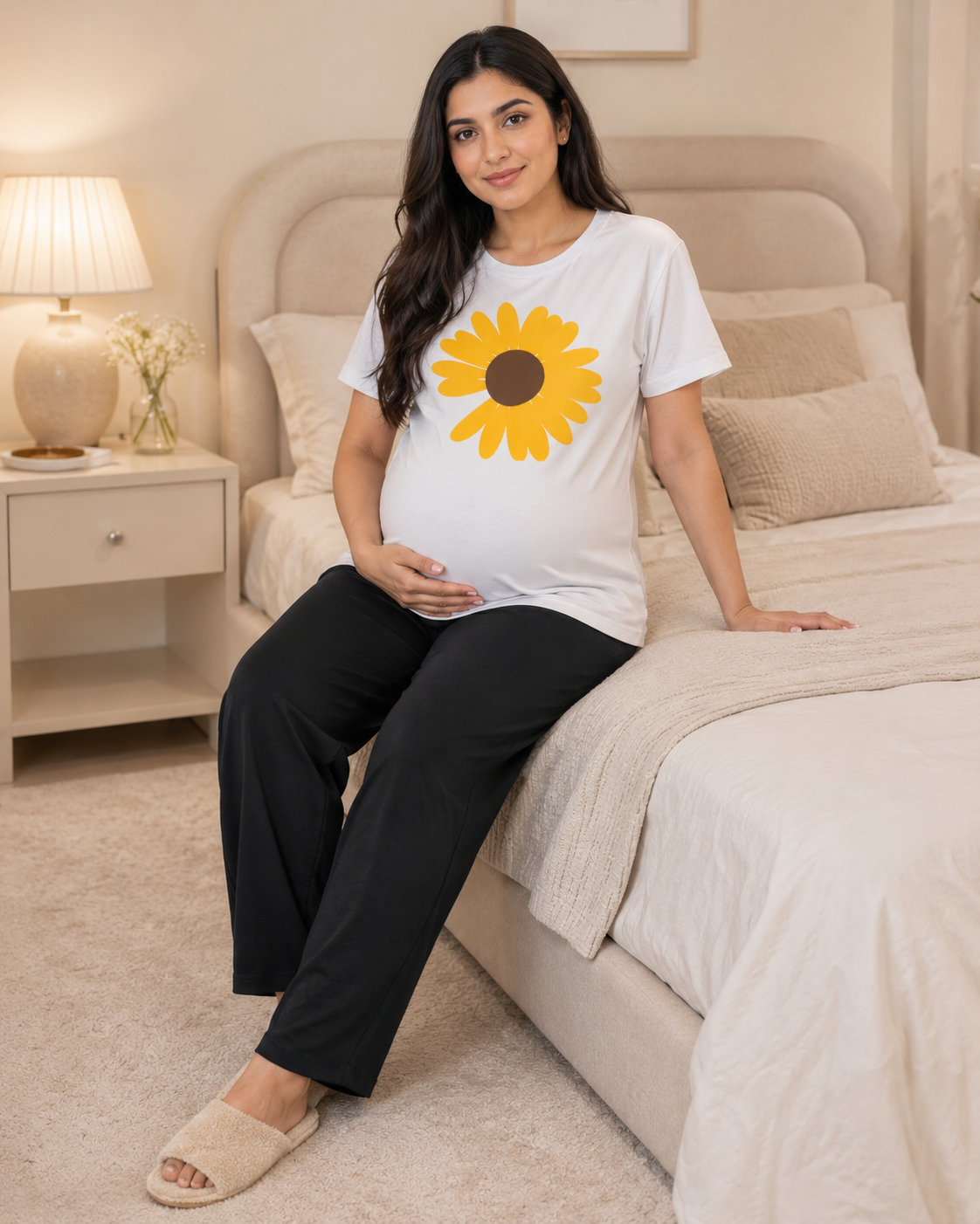 Yellow Sunflower black  pajama and White t-shirt  Maternity Cotton Night Suit
