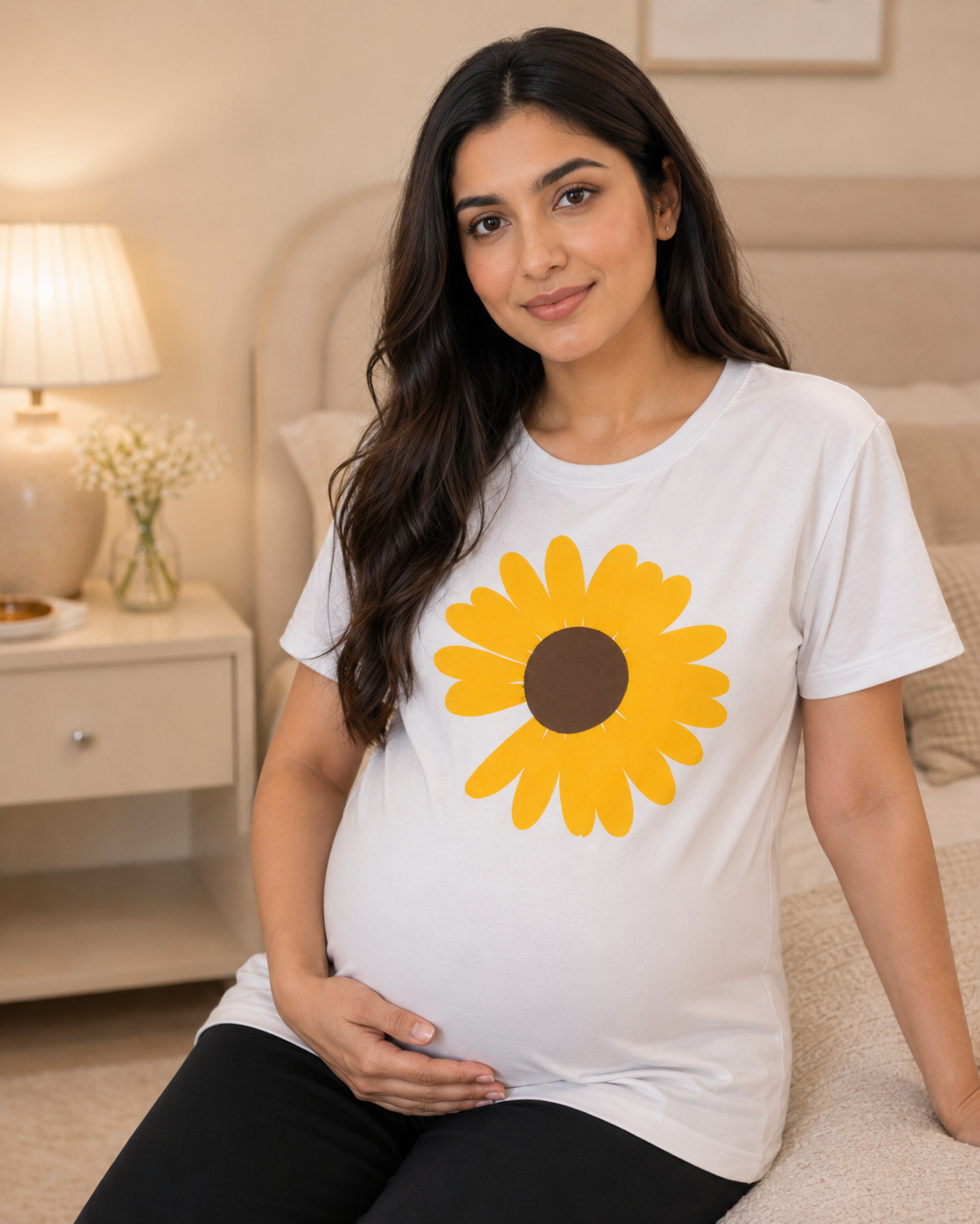 Yellow Sunflower black  pajama and White t-shirt  Maternity Cotton Night Suit