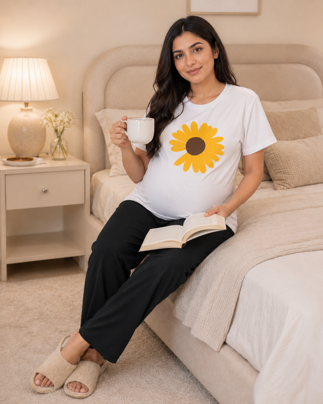 Yellow Sunflower black  pajama and White t-shirt  Maternity Cotton Night Suit